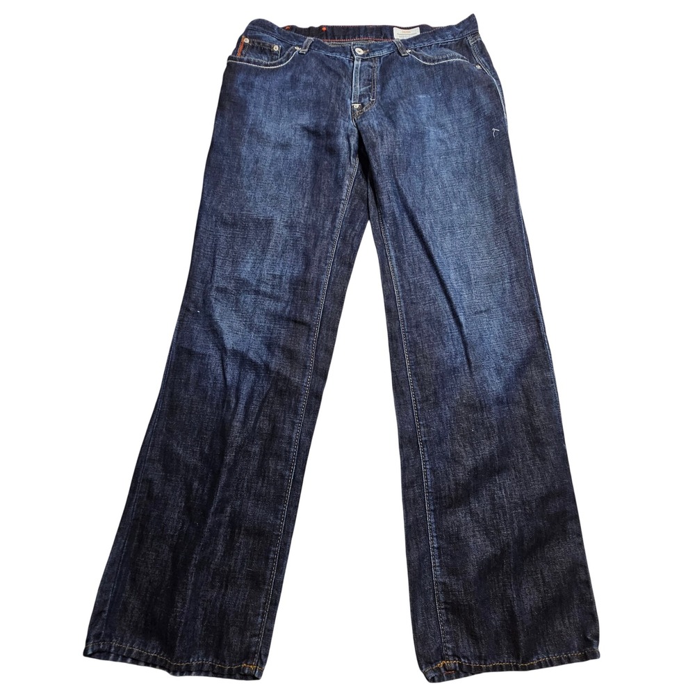 Hugo Boss Jeans Mens 38x34 Dark Wash Reg. Fit Orange Stitch Button Fly Selvedge